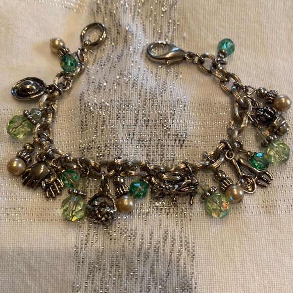 Charm Bracelet Gardener Silver Color with Green and Pearl Stones - Picture 1 of 4